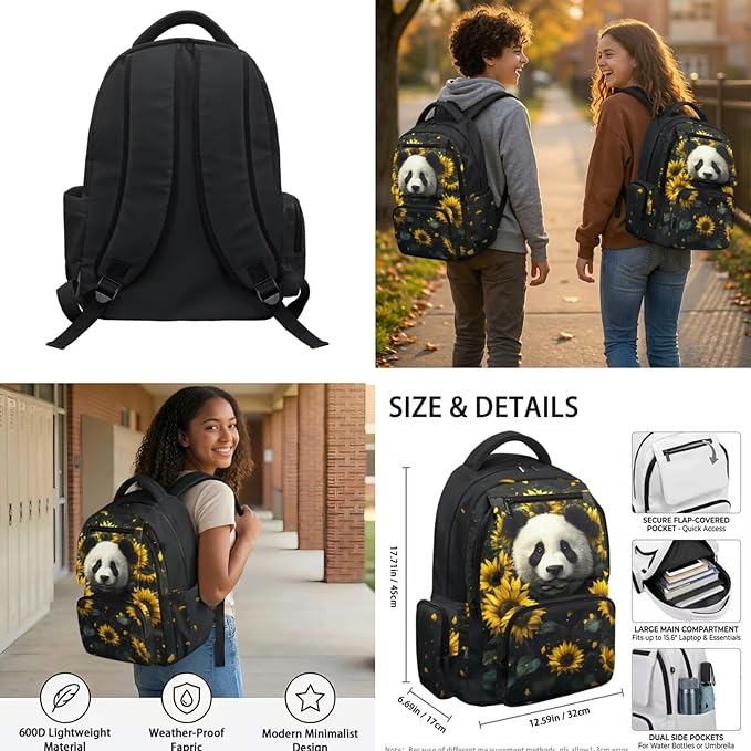 Kids Backpack Panda Floral Large Capacity School Bags and Lunch Box Set, Novelty Graphic Backpack for Middle School & Travel Back to School Supplies for Boys Girls 8-10