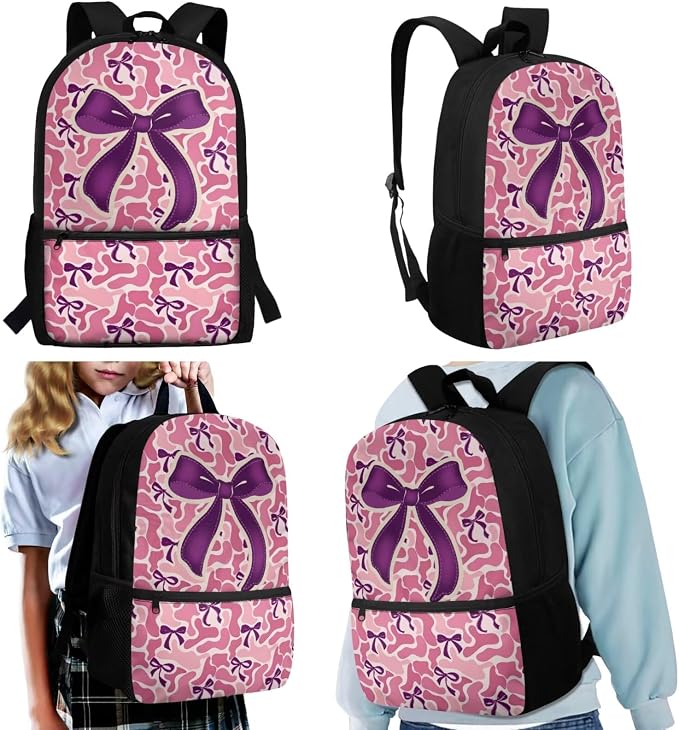 WELLFLYHOM Kids Pink Camo Bow Book Bags for Girls Ages 6-8 School Backpack | School Bookbag and Lunchbox Pencil Case Water Bottle Sleeve 4 Pcs Kids Backpack Set Gift for Back to School Season