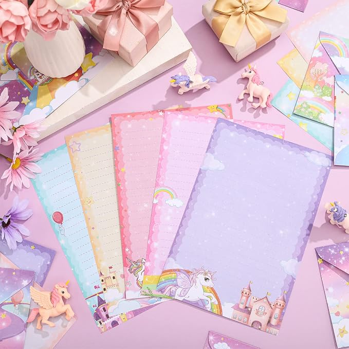 TaoBary 160 Pcs Stationery Paper Set 50 Double Sided Stationery Papers with 50 Matching Envelopes and 60 Round Dot Sticker, 10 Design(Unicorn,5.5 x 8.25 Inch)