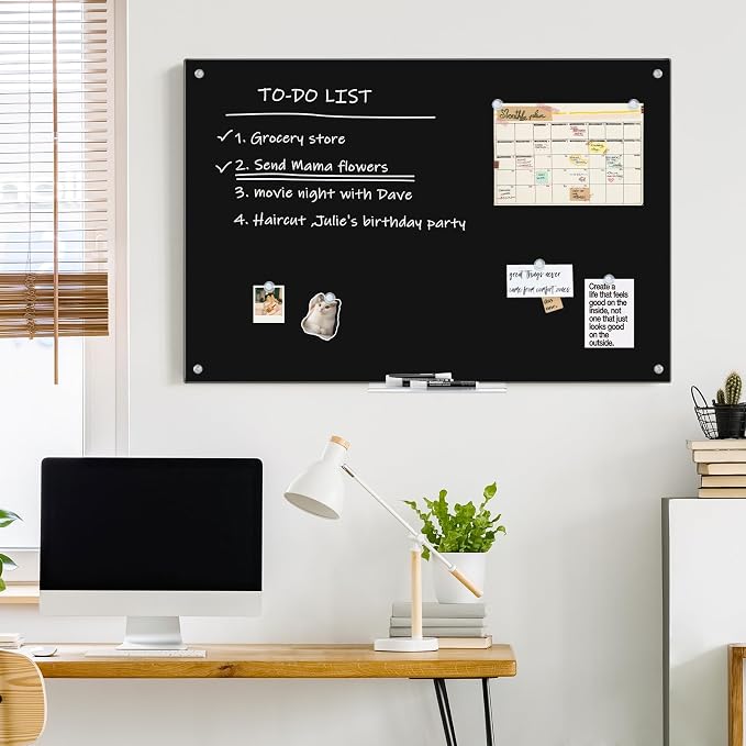 maxtek Magnetic Glass Dry Erase White Board, 48" x 32" Black Glass Board for Wall Mounted, Includes 6 Magnets with Marker Tray, 3 Markers and 1 Eraser for Classroom Home, Office Supplies