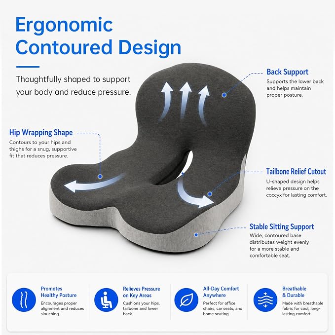 Memory Foam Seat Cushion with Lumbar Back Support, L-Shaped Ergonomic Chair Cushion for Office Chair, Car, Wheelchair, Gaming Seat, Non-Slip Washable Cover, Coccyx Support Pillow