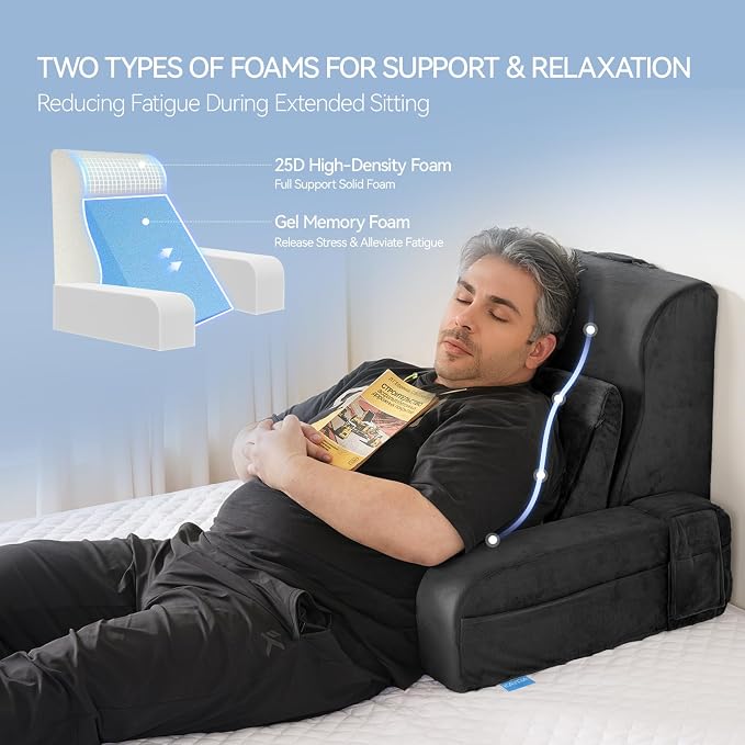 Kayfia Reading Pillow, Gel Memory Foam Back Rest Pillow, 21'', Black | 3 Storage Pockets, Dual-Use Back Leg Support Pillow, Detachable Armrests, Ideal for Reading, Gaming, Working on Bed & Couch
