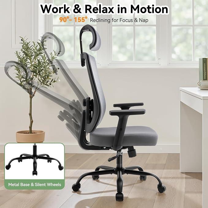 Office Chair with Mesh High Back, Ergonomic Office Desk Chair with Adjustable Lumbar Support, Rolling Work Chairs with Wheels and Headrest, Grey