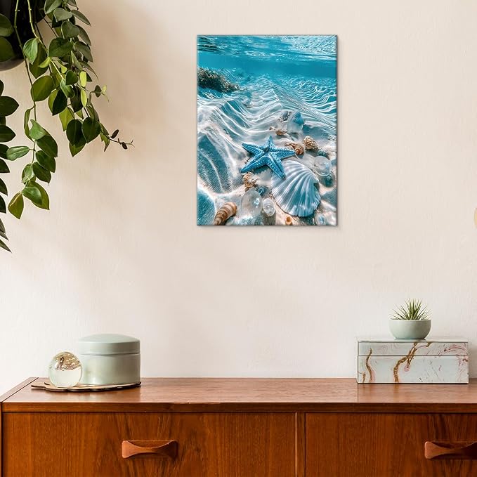 Coastal Beach Seashell Wall Art Decor Blue Ocean Starfish Painting Picture Artwork Seascape Aesthetic Wall Decor for Home Beach Room Bedroom 11x15 Canvas Framed