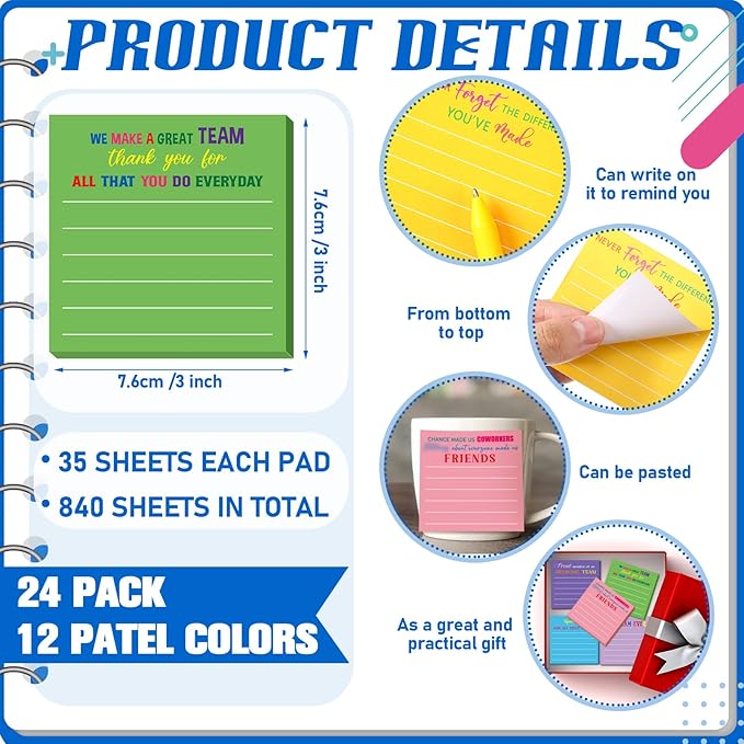 Yinder 24 Pcs Inspirational Sticky Notes Thank You Gift Motivational Sticky Note Pad Employee Appreciation Gift Bulk for Staff Coworker Teacher Nurse Office Groups 3 x 3'' (Thank You,Dark)