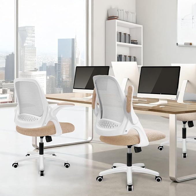 NEO CHAIR Office Desk Gaming Ergonomic Computer Chair with Lumbar Back Support Adjustable Height Swivel Rolling Wheels Flip-up Arms Mesh Chair for Home Vanity (Beige)