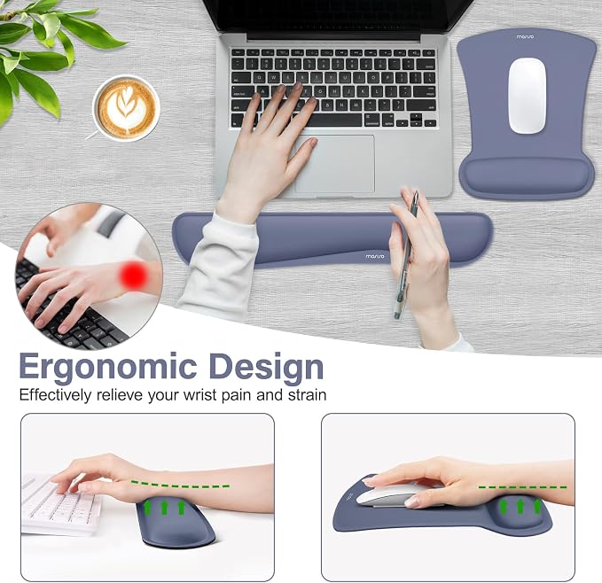 MOSISO Wrist Rest Support for Mouse Pad & Keyboard Set, Ergonomic Mousepad Non-Slip Base Home/Office Pain Relief & Easy Typing Cushion with Neoprene Cloth & Raised Memory Foam, Navy Lime