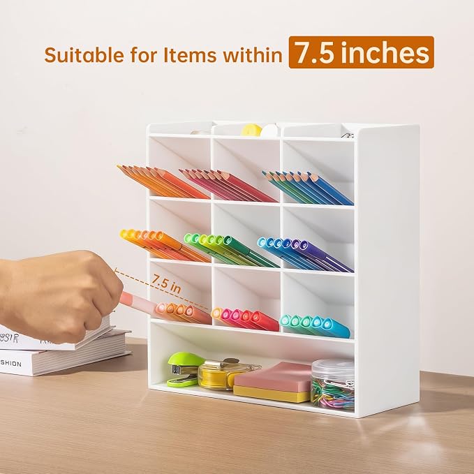 BEYGORM White Acrylic Vertical Marker Organizer for 150 Markers with 13 Compartments, Angled Pen & Pencil Holder, Large Desk Stationery & Art Supply Storage for Office & School (10.2 x 9.8 x 4 Inch)