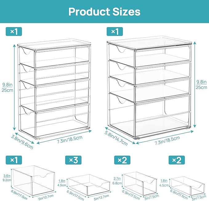 Vtopmart Acrylic Desk Organizer with 8 Drawers for Office, Makeup, Crafts | Clear Storage Drawers for Office Supplies, Desktop Organization for Makeup, Jewelry, Art Crafts, Bead, Pen, Stationary