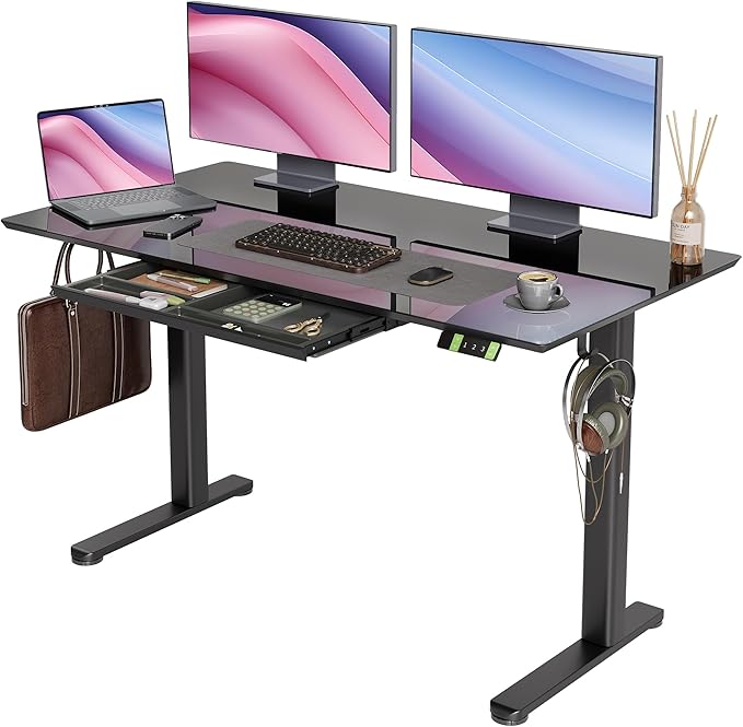 INNOVAR Glass Standing Desk with Drawers, 55×24 Inch Adjustable Stand Up Desk, Quick Install Home Office Computer Desk, Black | Tempered Glass Top, Ergonomic, Adjustable Height, Stand Up Desk,4 Memory Presets