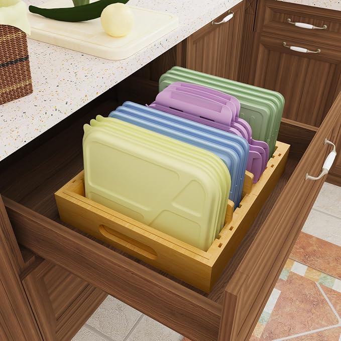 Lid Organizer for Cabinet – Bamboo Kitchen Storage for Plastic Lids, Adjustable Drawer Dividers, Food Container Organizer (Fits Cabinets & Drawers) (Large)