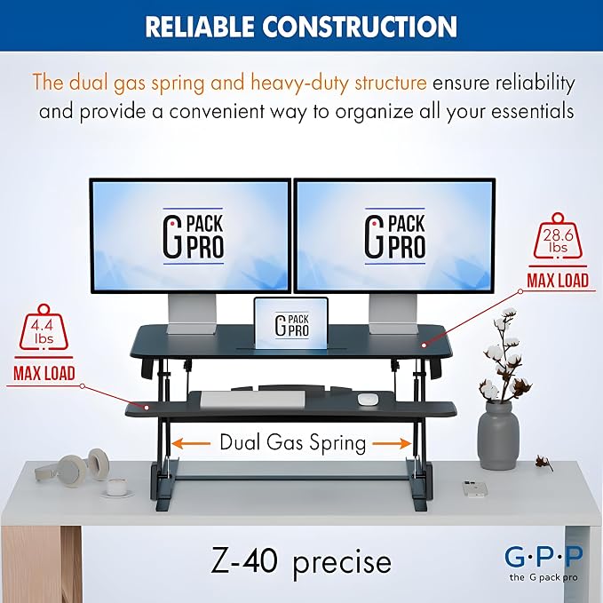 Standing Desk Converter 40 Inch, Height Adjustable to 17.3 Inches | Dual Monitor Work Surface With Keyboard Tray, Steel Frame, and Smooth Manual Lift for Home Office Setups