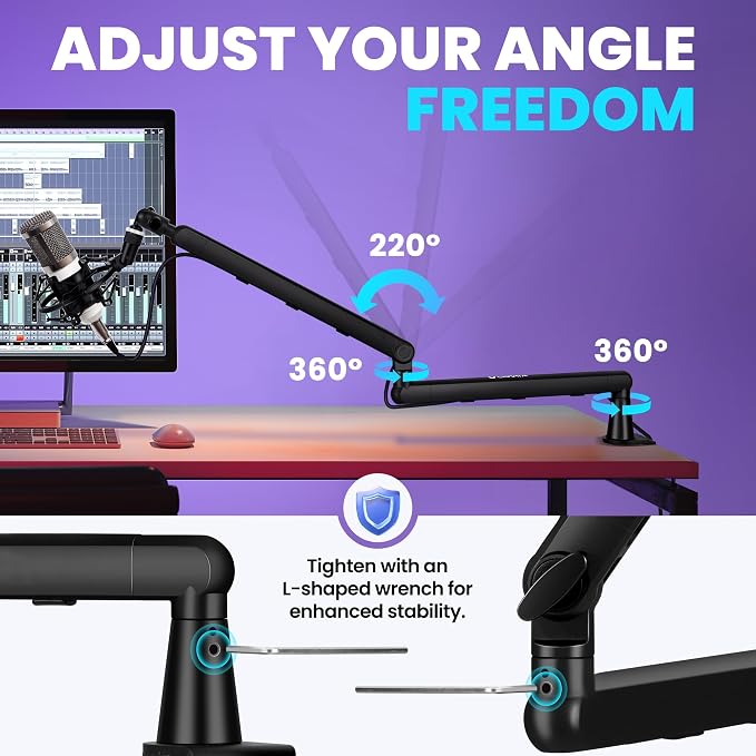 CAHAYA Mic Stand Boom Arm - Low Profile Adjustable Microphone Arm Stand with 3.5" Extension Pole Desk Clamp Screw Adapter for Streaming Gaming Black