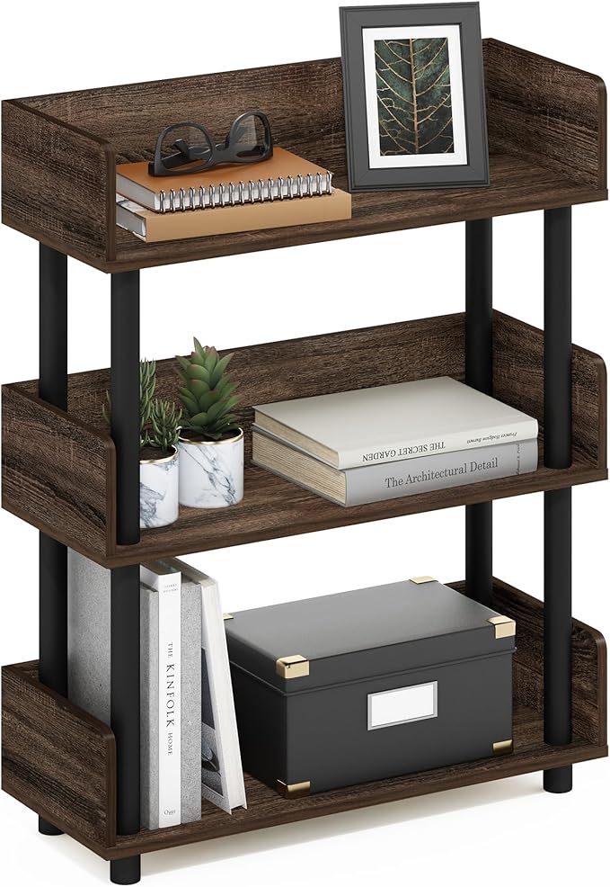 Furinno TURN-N-TUBE Display Shelf, 3-Tier Storage Shelves with Side Panels, Open Shelves Book Shelf with Rounded Corner Top Edges, for Organization and Storage, Living Room, Home Office, Walnut