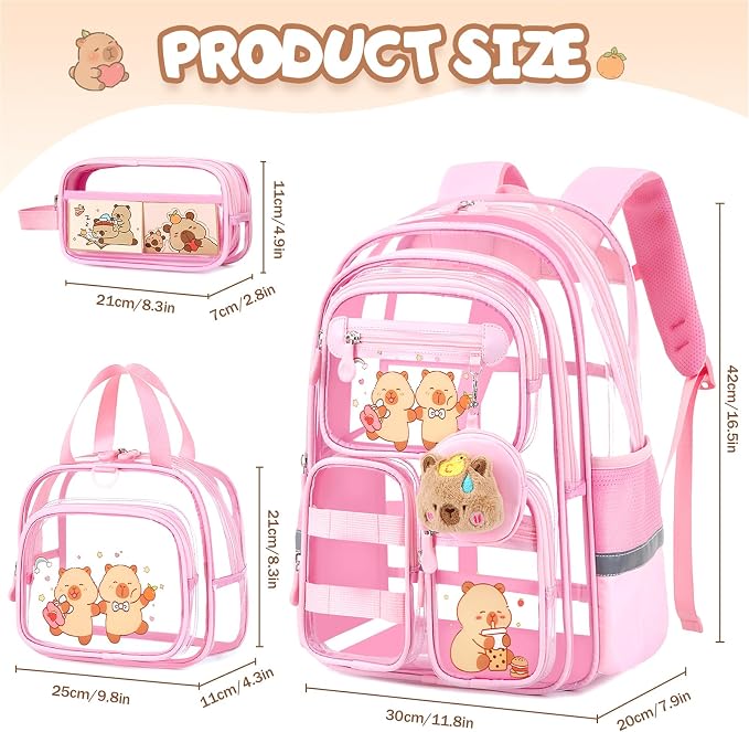 Capybara Theme Clear Backpack,Heavy Duty Transparent Backpack for Girls with Lunch Box Pencil Case,See Through Bookbag for Kids Teens Elementary Middle High School Stadium Approved