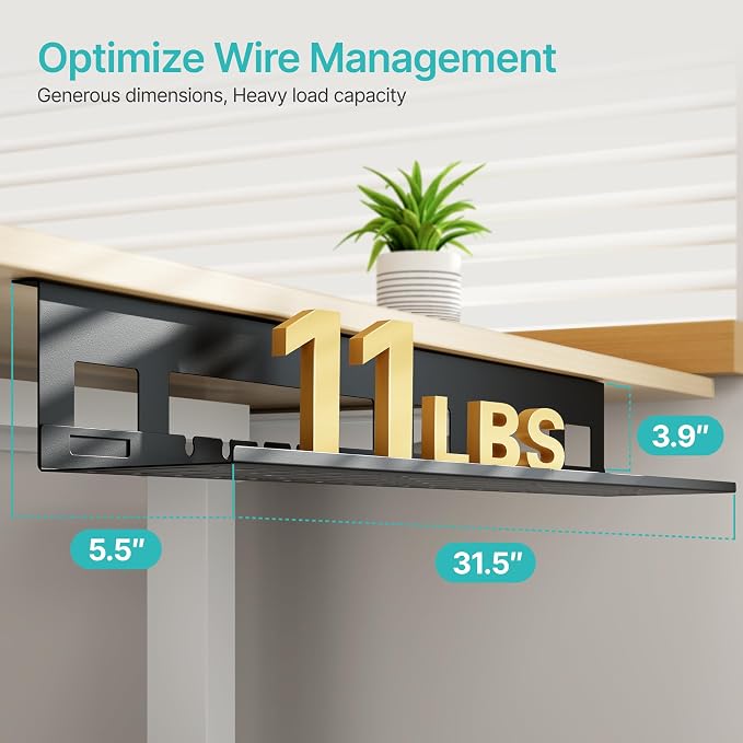 Under Desk Cable Management Tray, 31.5'' Screw-Mount Steel Rack | Metal Cord Organizer for Power Strips, Chargers, Reversible Installation, Effortless Wire Management for Home Office, Black