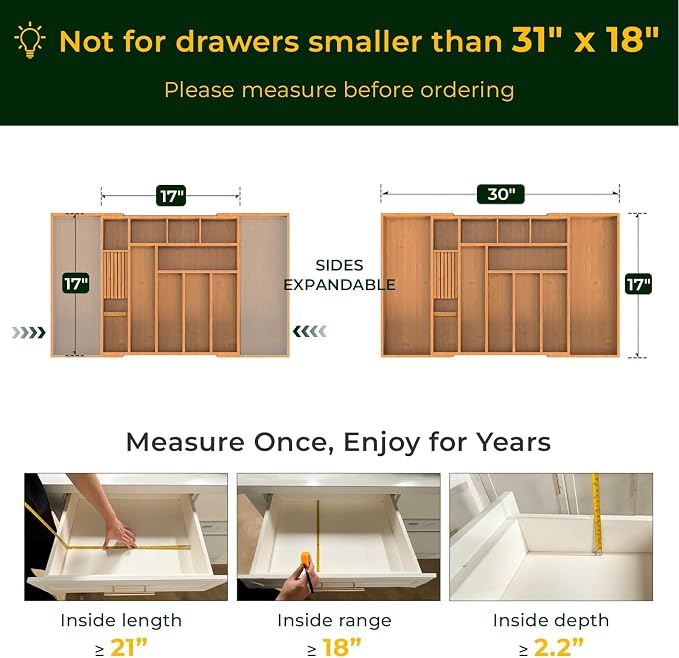 keechee Carbonized Large Bamboo Kitchen Drawer Organizer, 12 Slots Expandable Silverware Organizer, Utensil Holder & Cutlery Tray, 2.5" Deep for Extra Capacity, Non-Slip Feet Included