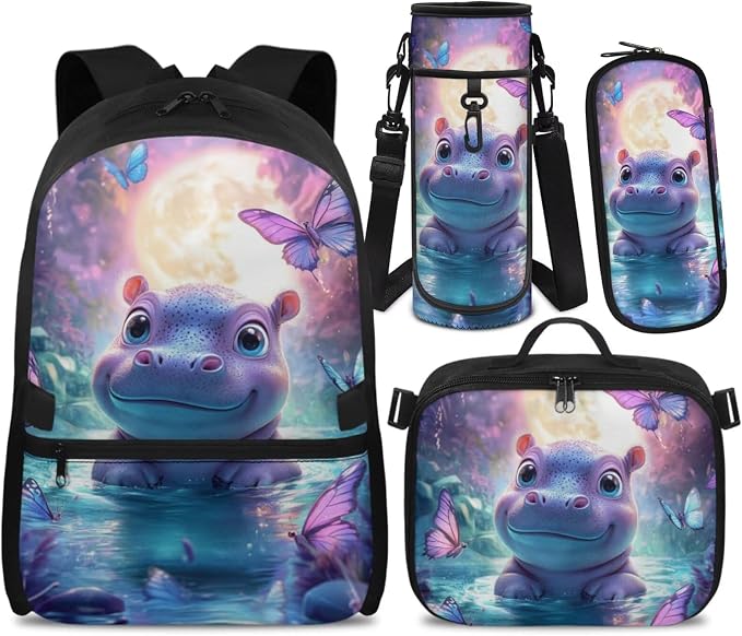 Doojoayie Girls Backpack Set Ages 4-6 6-8 8-10 Hippo Backpack for Kids Large Capacity & Heavy Duty Bookbag for Teen Girls 2025 Trendy School Bags for Preschool Primary Student
