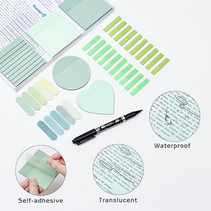 850 Sheets Transparent Sticky Notes, 3 x 3 Inch Clear Sticky Notes with Marker Pen for Bible, Waterproof Self-Adhesive Annotation Tabs, Gradient Color Note Pads for School Office (Green)