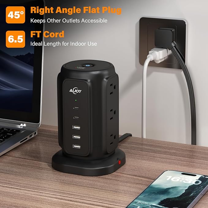 AiJoy Flat Plug Power Strip Tower with 9 AC Outlets and 5 USB Ports | USB Charging Station with 1200J Protection, 6 Feet Extension Cord, Office Desk Accessories for Men, Dorm Essentials for Guys