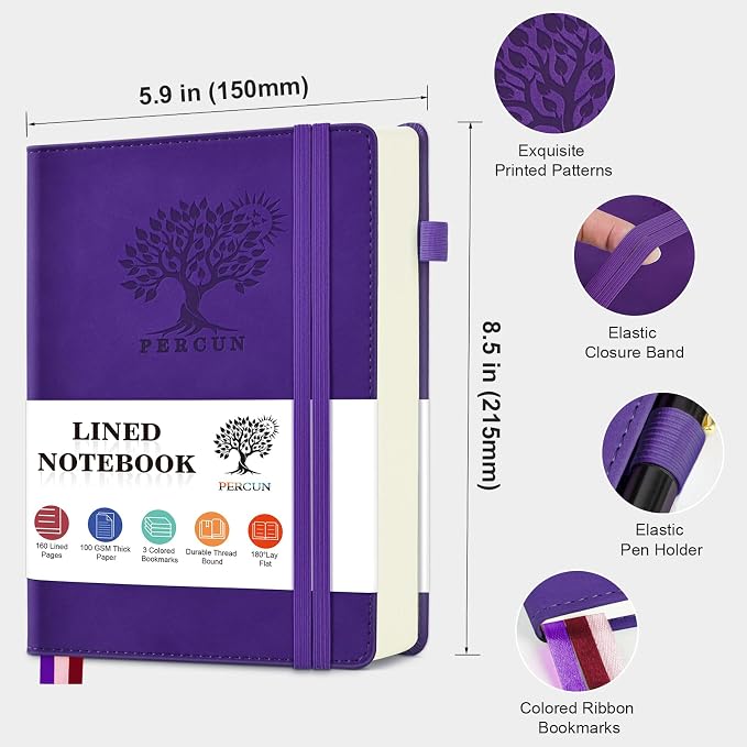 PERCUN Lined Journal Notebook for Men & Women, 160 Pages Leather Journals for Writing, A5 Hardcover Notebooks for Note Taking, Work, School, Business, Travel,Daily Diary 5.9" x 8.5" (Purple)