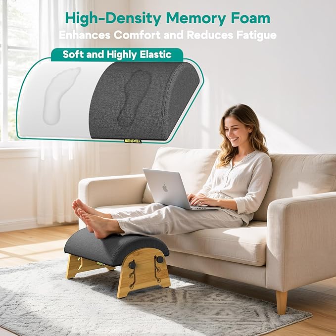 Ergonomic Foot Rest Under Desk at Work, Bamboo Wood Adjustable Foot Stool Under Desk with 6 Positions, Office Footrests with Memory Foam, Leg Rest Used for Car, Home, PC Gaming Accessories