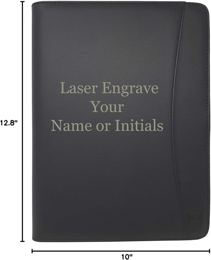 Customized Matt Black Zippered Portfolio Binder - Engraved PU Leather Business Portfolio Organizer - Padfolio for Men & Women with US Letter Notepad, 10.5" Tablet Pocket & Gift Box by Lautus Designs