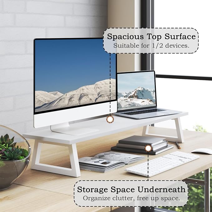 TEAMIX White Dual Monitor Stand Riser, 31.5 inch Long Stand, Desk Organizer | For Computer, Laptop, PC, Printer, Wood & Steel TV Stand, Holds 150lbs, Keyboard & PS5 Storage, For Home Office & Gaming