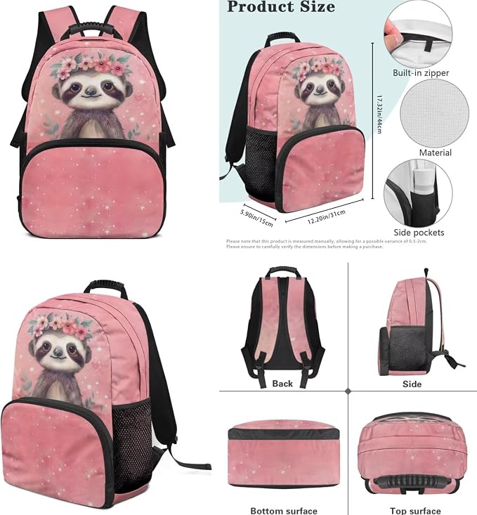 ZFRXIGN Sloth Girls Backpack for Teen Girls School with Pendant 17inch Middle High School Bag and Insulated Lunch Box Pencil Case 4pc Backpack Set Back to School