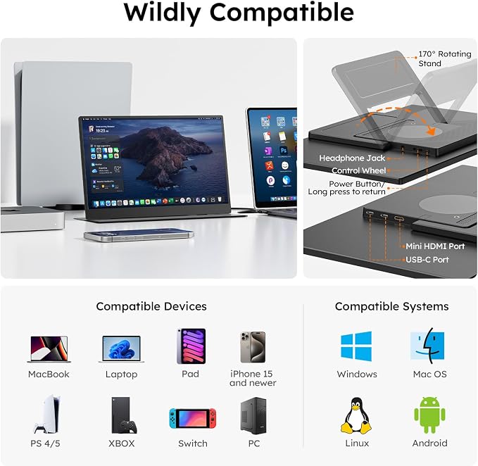 15.6" Portable Monitor with Smart Cover, FHD 1080P IPS Travel Monitor for Laptop, Built-in Speaker& Stand, USB-C&Mini HDMI Screen Extender for Laptop Mac PC Phone Xbox PS4/5 Switch with Stand Case