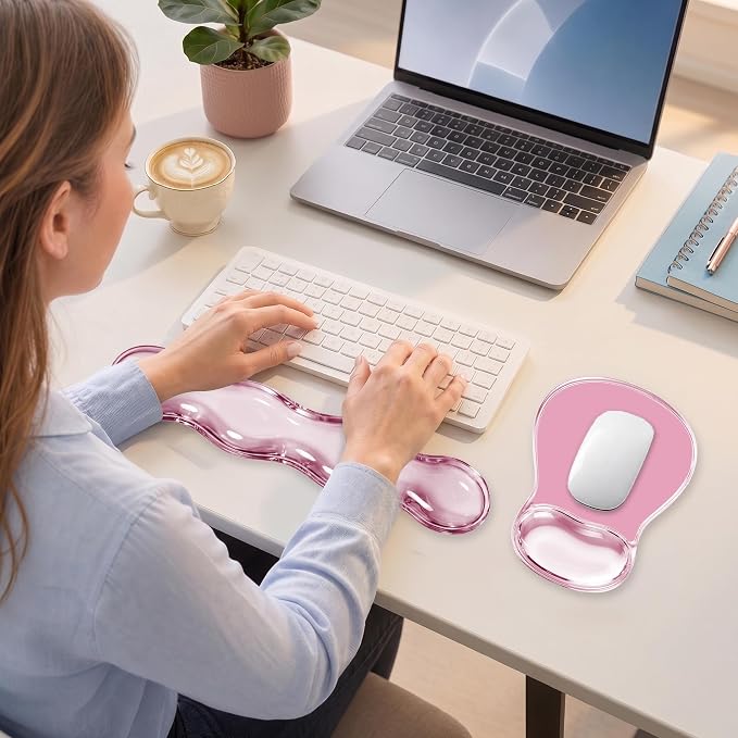 Keyboard Wrist Rest & Ergonomic Mouse Pad with Wrist Rest Set, Cute Transparent Gel Wrist Rest for Keyboard and Mouse, Soft Support for Pain Relief, Office, Gaming Desk Accessories（Pink）