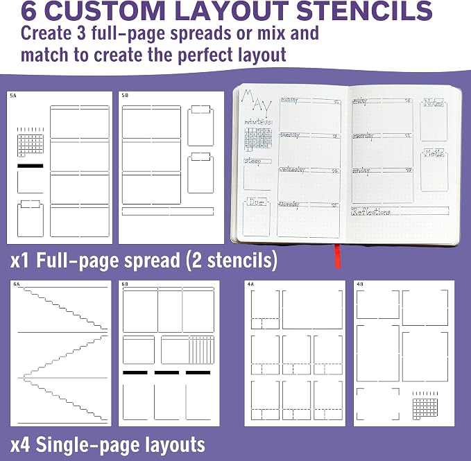 Speedy Spreads Journal Stencils (Weekly Layouts #2) - x6 Stencils for A5 Bullet Dot Grid Journal Notebook, Save Time on Full-Page Layouts, DIY Planner Templates for Productivity by Sunny Streak