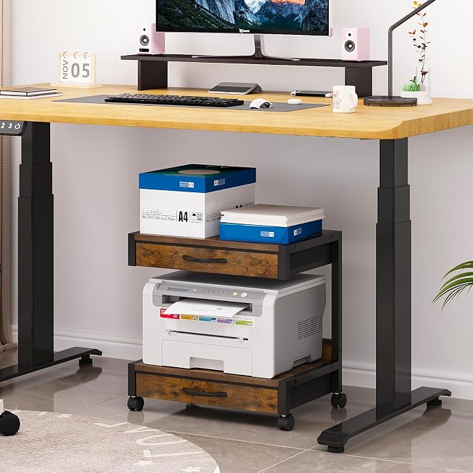 VENNQD 2-Tier Desktop Printer Stand with 2 Fabric Drawers, Prtiner Table with Storage Shelf, Desk Organizer for Home Office,3D Printer,Fax Machine,Scanner (Brown, 2 Tier)