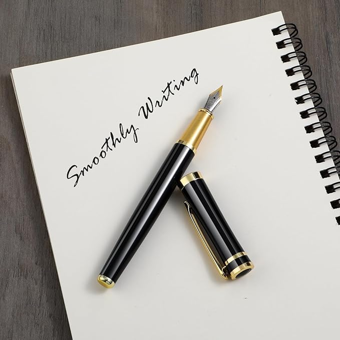 Andibro Luxury Metal Fountain Pen Set, 0.5 mm Fine Nib Fountain Pen with 6 Pcs 2.6mm Black Ink Cartridges Smooth Writing Pen Gift for Men Women Business Office Journaling
