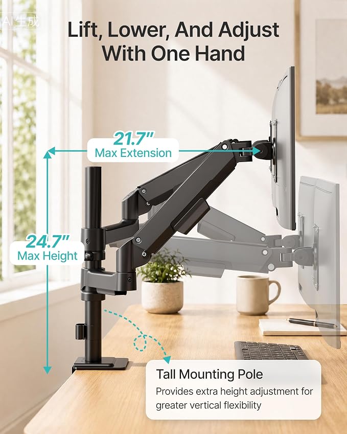 Dual Monitor Stand for 17-32 Inch Screens, Gas Spring Arms | Full Motion Mount with Cable Management, Support up to 19.8 lbs，Computer Monitor Arm with Clamp/Grommet Base