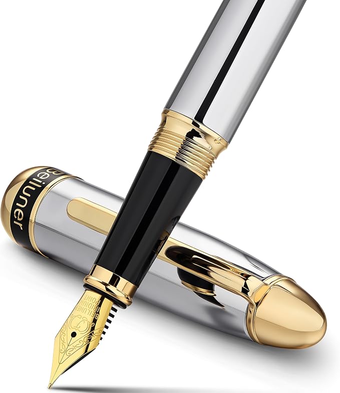 BEILUNER 315 Silver Chrome Fountain Pen,Stunning Luxury Pens with 24K Gold Accents, Gorgeous 24K Gilded Nib(Fine), Ink Converter,Fancy Pen Gift for Men&Women-Elegant, Office, Writing, Nice Design