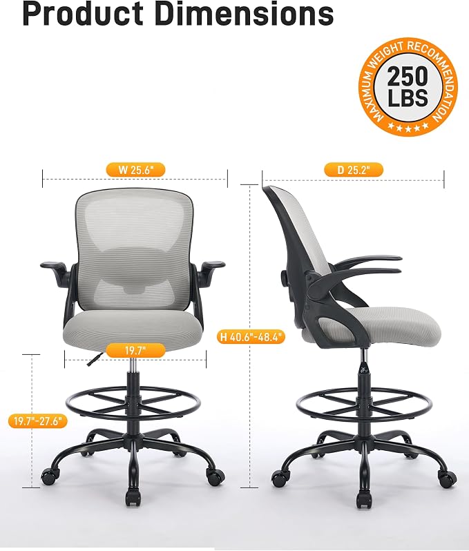LukkDys Drafting Chair with Arms, Tall Office Chair for Standing Desks | Ergonomic lumbar pad, breathable mesh and foot ring support forward-leaning posture for sewing, crafts and daily studio work.