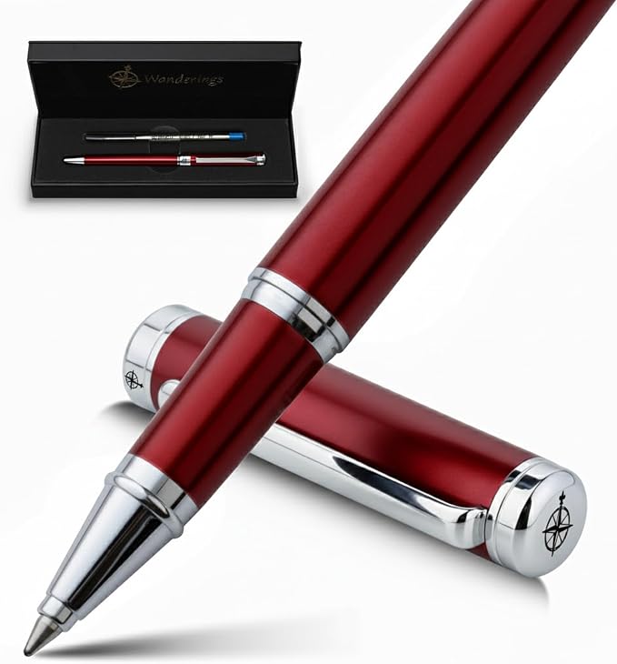 WANDERINGS Premium Rollerball Pen with German Ink – Perfectly Balanced for a Superb Writing Experience, Chrome Accents – Winefire Red - Includes a Schmidt Refill in a Giftable Presentation Case