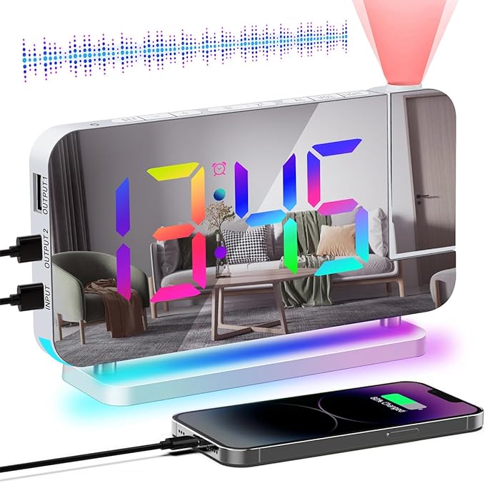 Projection Alarm Clock for Bedroom Ceiling,RGB Digital Clocks with 10 | Colors RGB Night Light,Loud Alarm Clock for Heavy Sleepers,USB C Charger Port,Snooze,12/24H,Auto Dimming