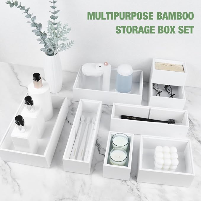 Bamboo Drawer Organizer Set, 8 PCS White Multi-Use Wood Drawer Storage Kitchen Boxes, Junk Drawer Organizer Divider Bins for Bathroom, Office Desk, Makeup, Jewelry, Utensils