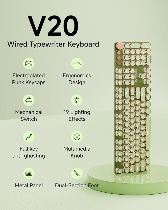 EWEADN Typewriter Style Mechanical Keyboard, Wired Typewriter Keyboards,104 Keys Backlit LED Metal Keyboards, Media Control Knob, Wired Computer Keyboard Pink Switch for Windows/Mac/PC-Green