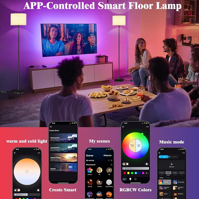 Qaubauyt Smart LED Floor Lamp with APP Control & RGB Colors - Dimmable Standing Lamp for Living Room, Bedroom, Gaming - Remote, Timer, 9W Bulb Included, 60.6" Modern Tall Lamp (Beige)