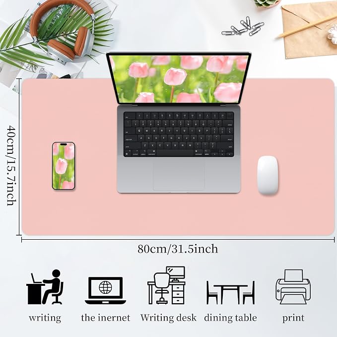 Bloss Pink Leather Desk Mat Protector,Office Desks Mats,Laptop Waterproof Desk Pads,Desks Protector Mats,Cute Computer Mouse Mats,Dual-Side Writing Pads for Office/Home.31.5"x 15.7"