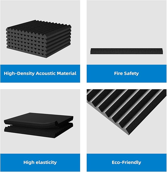 56 Pack Sound Proof Foam Panels |1"×12"×12" Quick-Recovery Soundproof Wall Panels | High Density Sound Dampening Panels for Home Studio |With Adhesive Stickers 280PCS (Black)