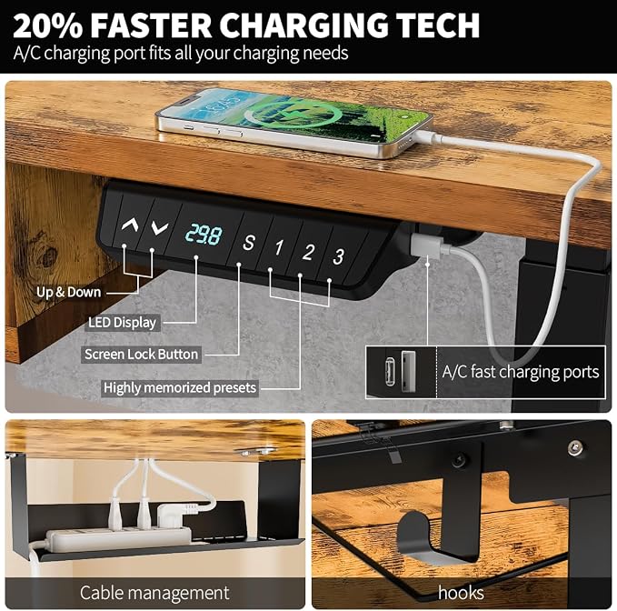 Kingant Electric Standing Desk with 4 Drawers,USB Charging Ports 63"x 30" | Ergonomic Height Adjustable Large Workstation, Heavy-Duty Sit Stand Up Desk For Home Office Daily Work,Rustic Brown