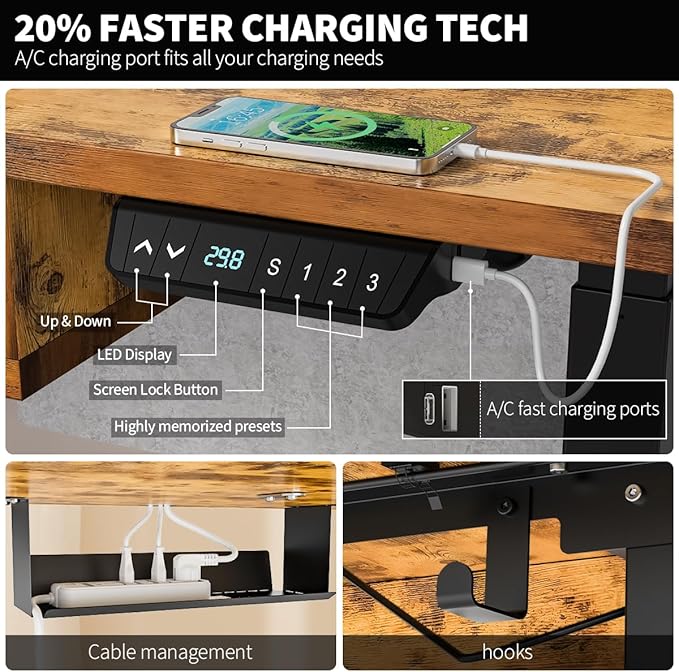 Kingant Electric Standing Desk with 4 Drawers,USB Charging Ports 48"x 30" | Ergonomic Height Adjustable Large Workstation, Heavy-Duty Sit Stand Up Desk For Home Office Daily Work,Rustic Brown