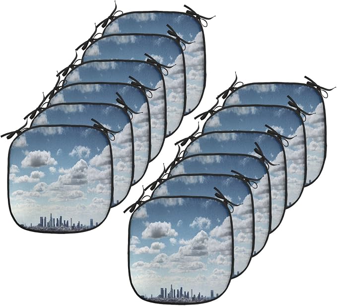 Lunarable United States Chair Cushion Pads Set 12, Downtown Los Angeles Skyline Under The Summer Sky with Scenic Fluffy Clouds, Anti-Slip Seat Padding for Kitchen & Patio, 16"x16", Blue White