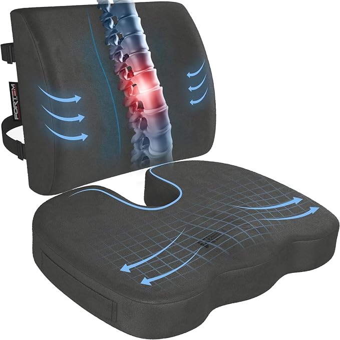 FORTEM Seat Cushion, Office Chair Cushion, Lumbar Support Pillow for Office Chair, Memory Foam Car Seat Cushions, Sciatica Coccyx Tailbone Pain Relief, Cushions for Back Support, Washable, Non Slip