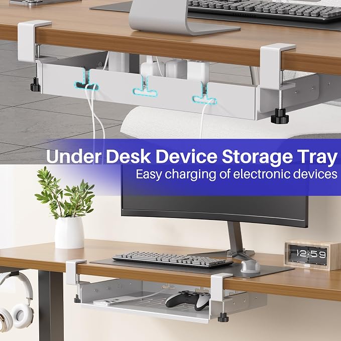 BYMECOST No Drill Under Desk Laptop Mount, Metal Under Desk Storage Shelf | Laptop Storage Tray for Macbook, Mac Mini, Controllers and Cables, Anti-scratch Silicone, fits Office, Gaming, Workstations