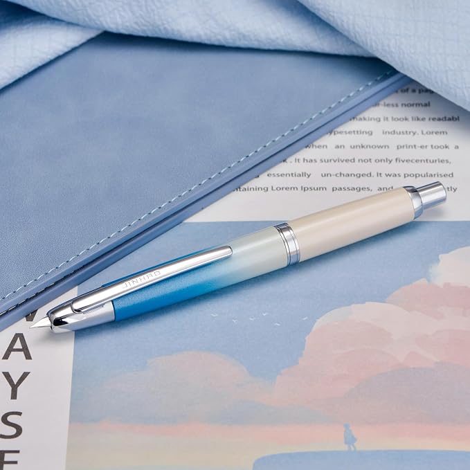 Jinhao 10 Press Fountain Pen with Box, Gradient Blue Retractable Fine Nib with Ink Converter Limited Edition Set (Silver Clip)